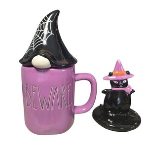 Rae Dunn Halloween Beware Purple Topper Mug With Black Cat And Gnome Toppers